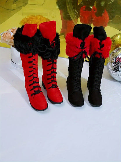 [Boots For Women] Warm Winter Footwear - Women's Winter Boots, Thick Platform Heel, Slip-Resistant Rubber Sole, Lace-Up Ankle Boots for Cold Weather, Motorcycle Riding, Everyday & Formal Events - Red/Black - Seasonal Fashion,