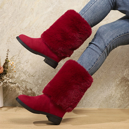 Women'S Plush Winter Boots - Soft Warm Slip-On Mid-Heel Round Toe with Plush & TPR Sole, All-Season Cozy BrownRedOrange - Slip-Resistant, Winter Boots, Seasonal Footwear, Comfortable Footwear