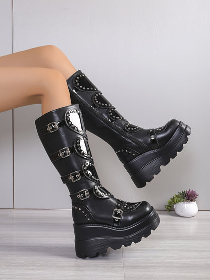 Women's Fashionable Winter Boots - Plush Lined, Thick Sole Wedge Heel, Knee-High with Side Zipper & Metal Buckle Detail, Lightweight Round Toe in Black or Pink