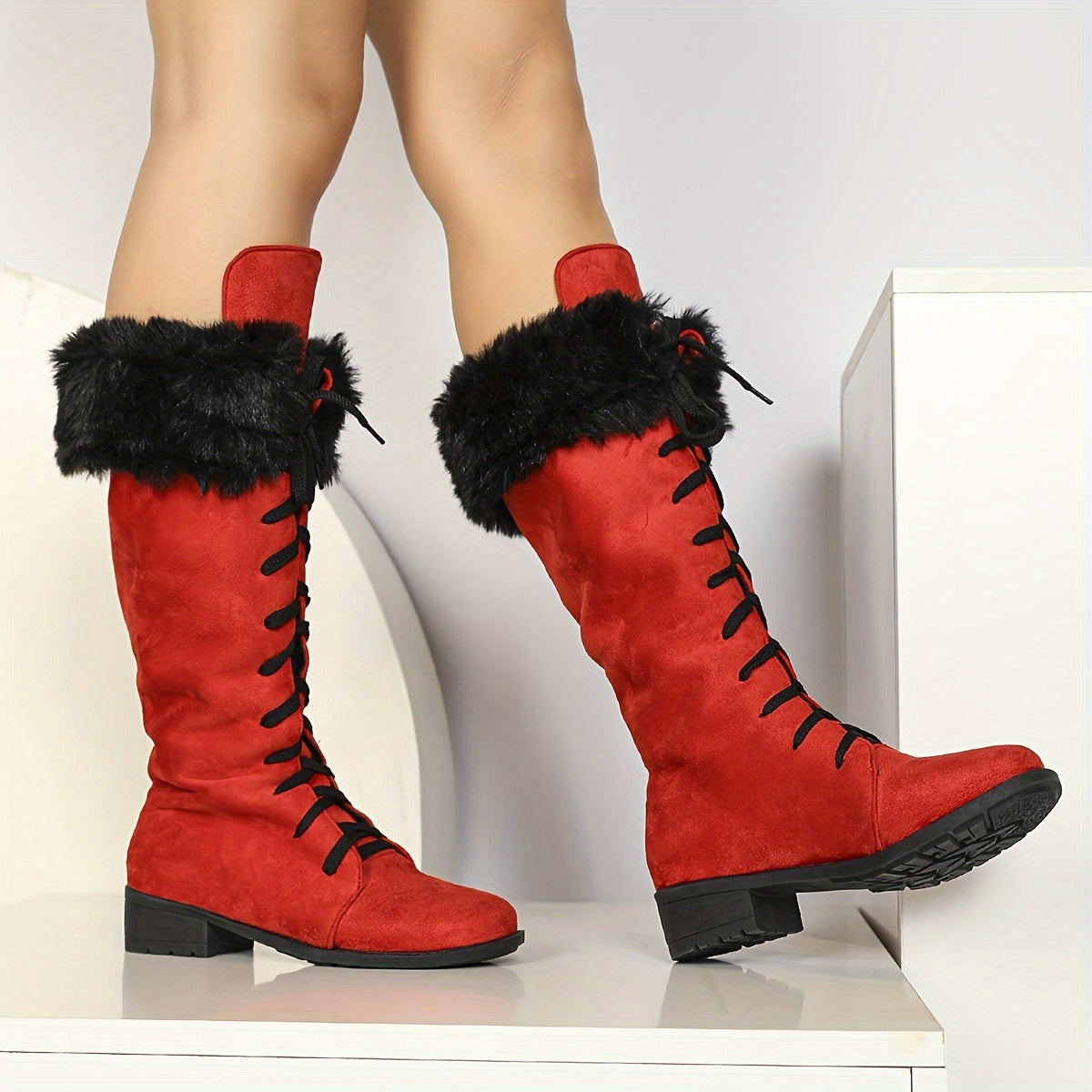 [Boots For Women] Warm Winter Footwear - Women's Winter Boots, Thick Platform Heel, Slip-Resistant Rubber Sole, Lace-Up Ankle Boots for Cold Weather, Motorcycle Riding, Everyday & Formal Events - Red/Black - Seasonal Fashion,