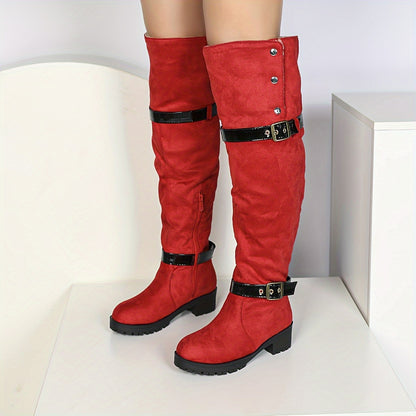 Women's Over-the-Knee Suede Western Boots, Classic Buckle Design, Thick Heel, Winter Boots, Fall/Winter 2024, Pull-on, Round Toe, Shearling Lined