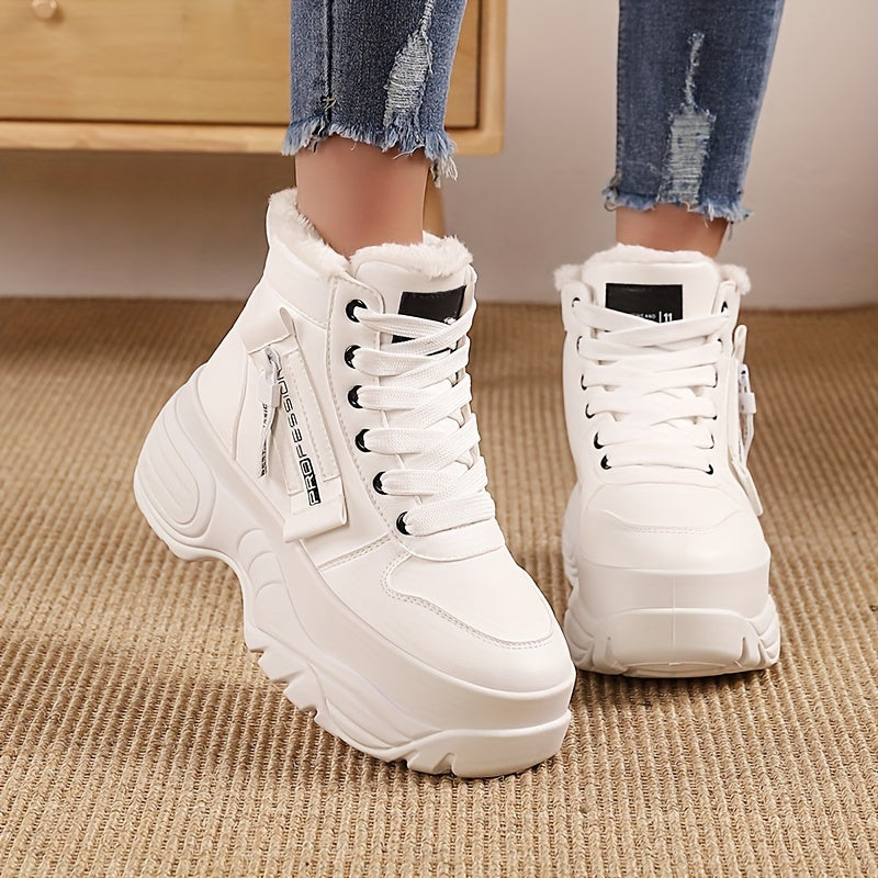 Women's Cozy Fleece-Lined High-Top Sneakers - Warm, Thick Sole, Lace-Up Winter Boots in Solid Color