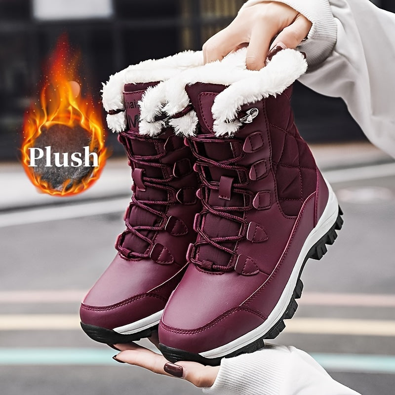 Women's High-Top Snow Boots, Solid Color, Round Toe, Warm Plush Lining, Anti-Slip Rubber Sole, Durable Fabric Insole, Man-Made Upper - Outdoor Casual Footwear, Winter Boots