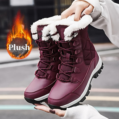 Women's High-Top Snow Boots, Solid Color, Round Toe, Warm Plush Lining, Anti-Slip Rubber Sole, Durable Fabric Insole, Man-Made Upper - Outdoor Casual Footwear, Winter Boots