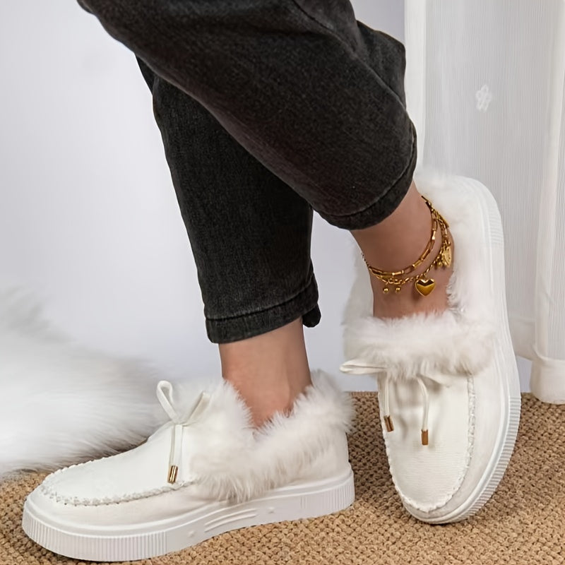 1PC Fleece Lined Snow Boots for Women, Short Flat and Warm Winter Boots with Smooth Color Laces