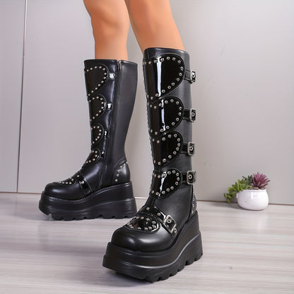 Women's Fashionable Winter Boots - Plush Lined, Thick Sole Wedge Heel, Knee-High with Side Zipper & Metal Buckle Detail, Lightweight Round Toe in Black or Pink