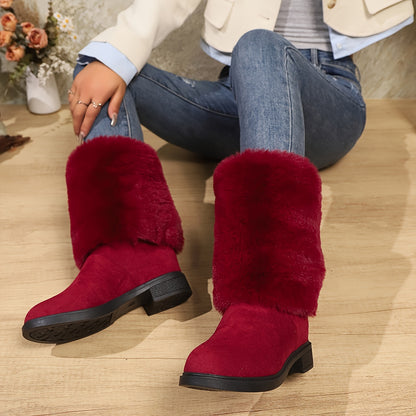 Women'S Plush Winter Boots - Soft Warm Slip-On Mid-Heel Round Toe with Plush & TPR Sole, All-Season Cozy BrownRedOrange - Slip-Resistant, Winter Boots, Seasonal Footwear, Comfortable Footwear