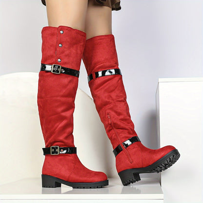 Women's Over-the-Knee Suede Western Boots, Classic Buckle Design, Thick Heel, Winter Boots, Fall/Winter 2024, Pull-on, Round Toe, Shearling Lined