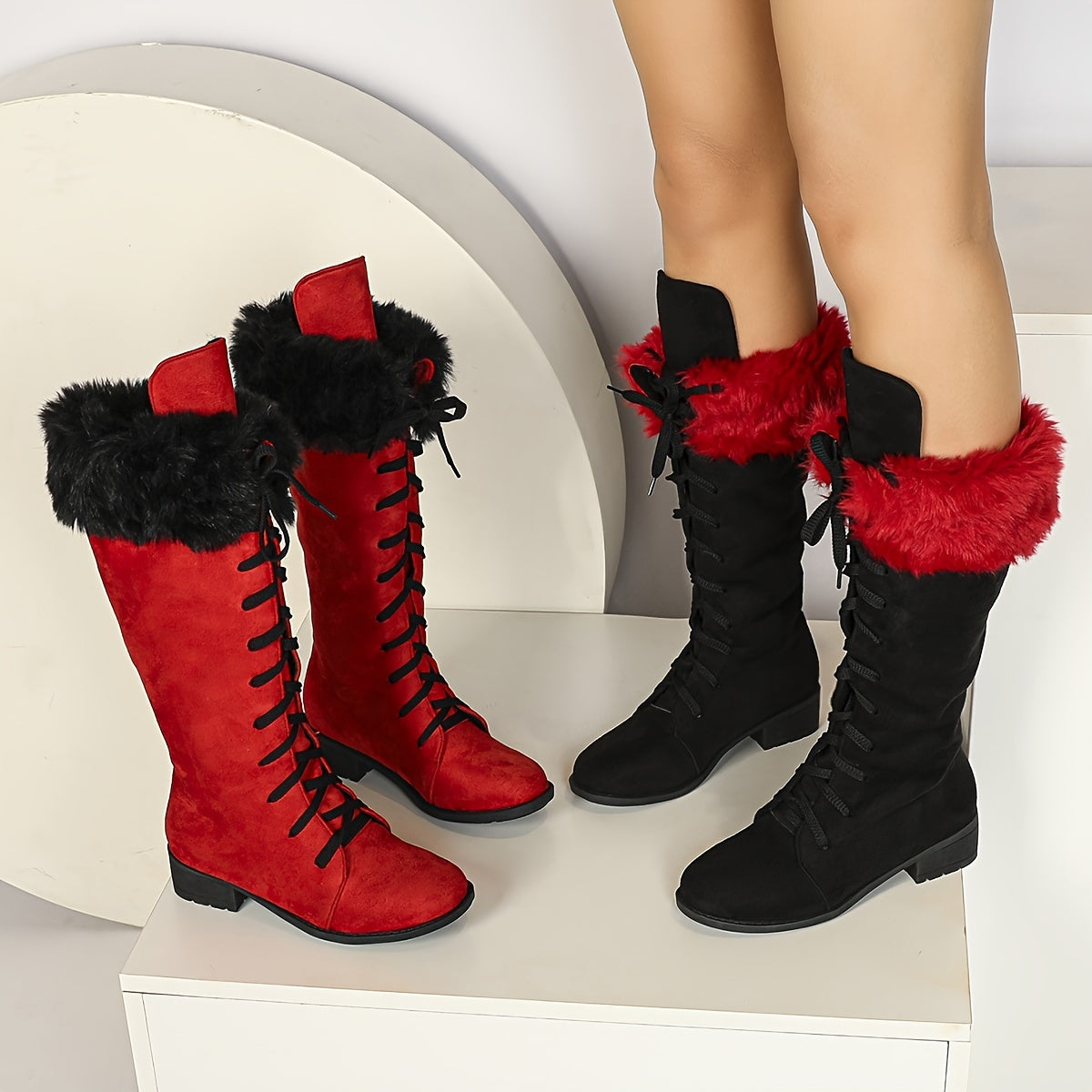[Boots For Women] Warm Winter Footwear - Women's Winter Boots, Thick Platform Heel, Slip-Resistant Rubber Sole, Lace-Up Ankle Boots for Cold Weather, Motorcycle Riding, Everyday & Formal Events - Red/Black - Seasonal Fashion,