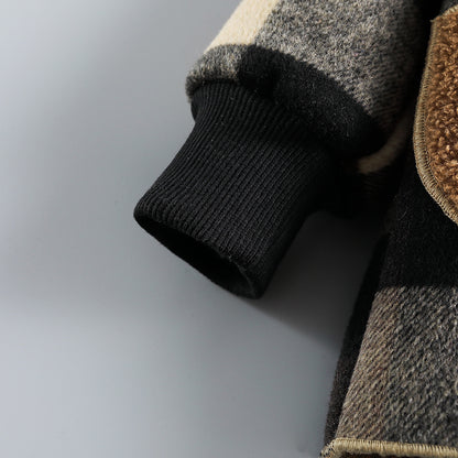 Boys' Long Sleeve Plaid Fleece-Lined Jacket with Button Front & Pockets - Cozy Fall/Winter Warmth, Casual Cardigan Collar, Brown/ Tartan Pattern, Machine Washable For Outdoor Play & Casual Attire, Winter Jacket For Boys, Fall