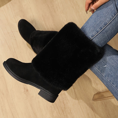 Women'S Plush Winter Boots - Soft Warm Slip-On Mid-Heel Round Toe with Plush & TPR Sole, All-Season Cozy BrownRedOrange - Slip-Resistant, Winter Boots, Seasonal Footwear, Comfortable Footwear