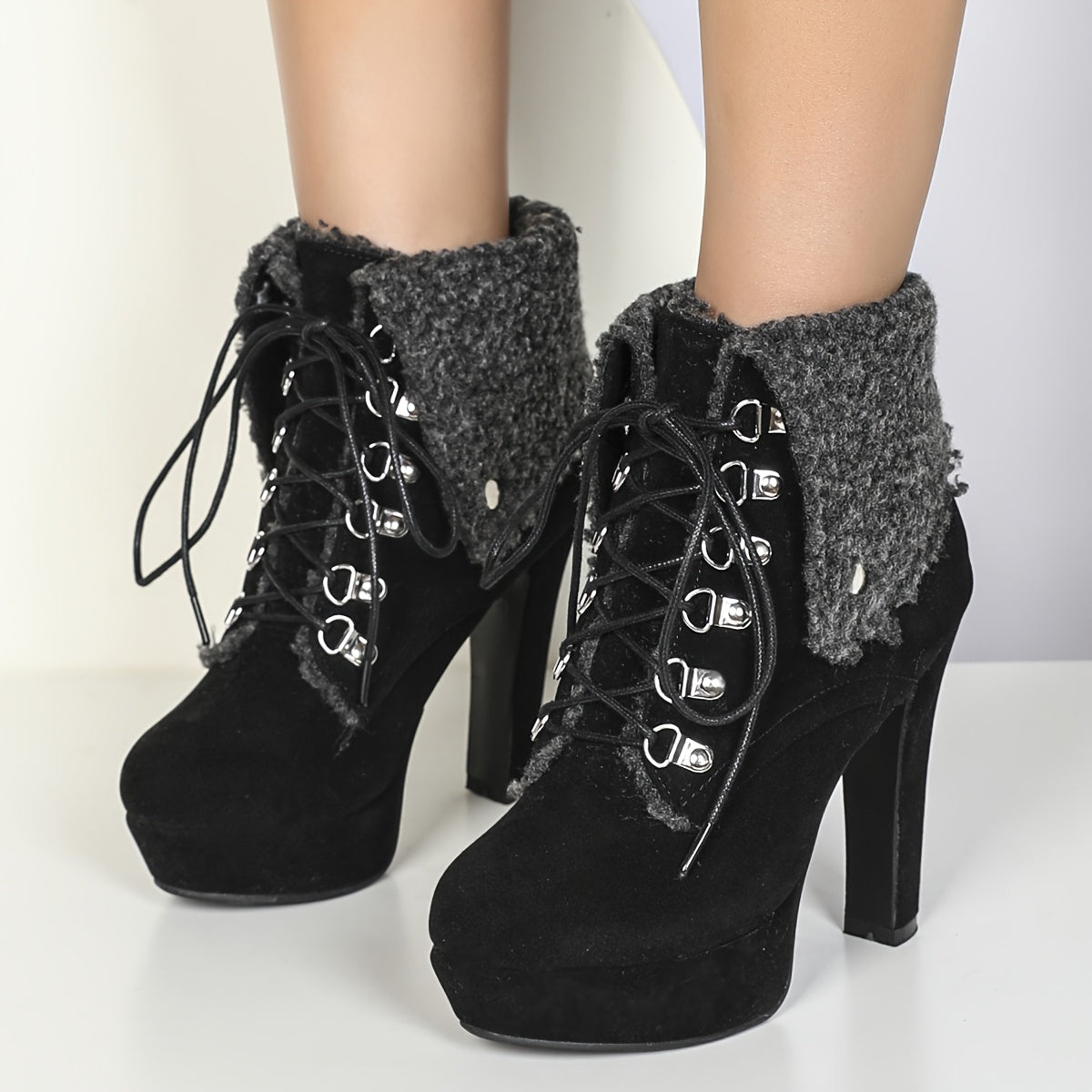 [Lined Ankle Boots] Women'S Sexy faux fur Lined Ankle Boots, Round Toe Block Heel High Heels, All-Season Riding Boots with Lace-Up Closure, Solid Color Fabric Upper, Rubber Sole, Warm Fleece-Lined for Winter Boots