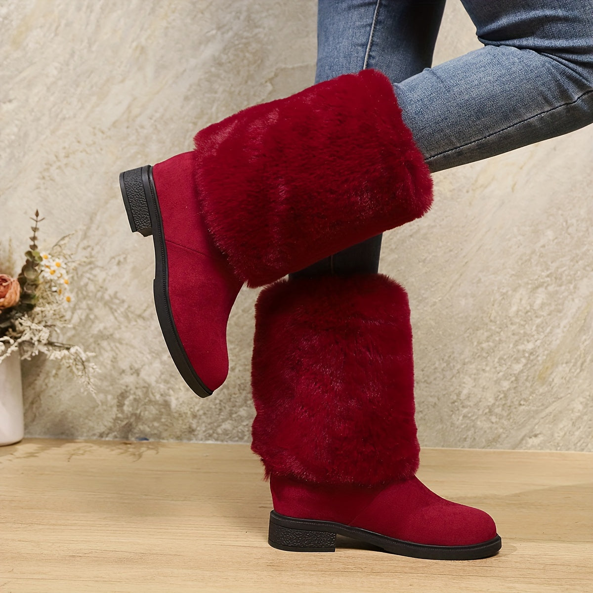 Women'S Plush Winter Boots - Soft Warm Slip-On Mid-Heel Round Toe with Plush & TPR Sole, All-Season Cozy BrownRedOrange - Slip-Resistant, Winter Boots, Seasonal Footwear, Comfortable Footwear
