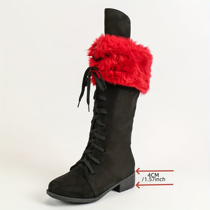 [Boots For Women] Warm Winter Footwear - Women's Winter Boots, Thick Platform Heel, Slip-Resistant Rubber Sole, Lace-Up Ankle Boots for Cold Weather, Motorcycle Riding, Everyday & Formal Events - Red/Black - Seasonal Fashion,