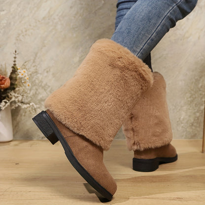 Women'S Plush Winter Boots - Soft Warm Slip-On Mid-Heel Round Toe with Plush & TPR Sole, All-Season Cozy BrownRedOrange - Slip-Resistant, Winter Boots, Seasonal Footwear, Comfortable Footwear
