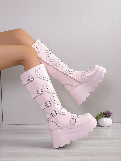 Women's Fashionable Winter Boots - Plush Lined, Thick Sole Wedge Heel, Knee-High with Side Zipper & Metal Buckle Detail, Lightweight Round Toe in Black or Pink