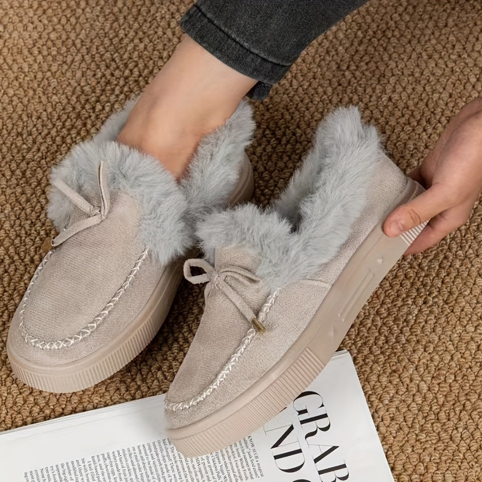 1PC Fleece Lined Snow Boots for Women, Short Flat and Warm Winter Boots with Smooth Color Laces