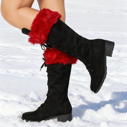 [Boots For Women] Warm Winter Footwear - Women's Winter Boots, Thick Platform Heel, Slip-Resistant Rubber Sole, Lace-Up Ankle Boots for Cold Weather, Motorcycle Riding, Everyday & Formal Events - Red/Black - Seasonal Fashion,