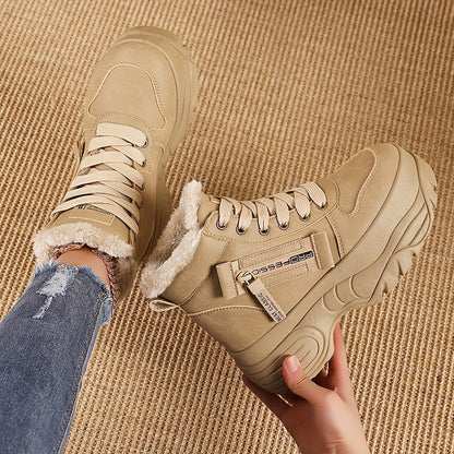 Women's Cozy Fleece-Lined High-Top Sneakers - Warm, Thick Sole, Lace-Up Winter Boots in Solid Color