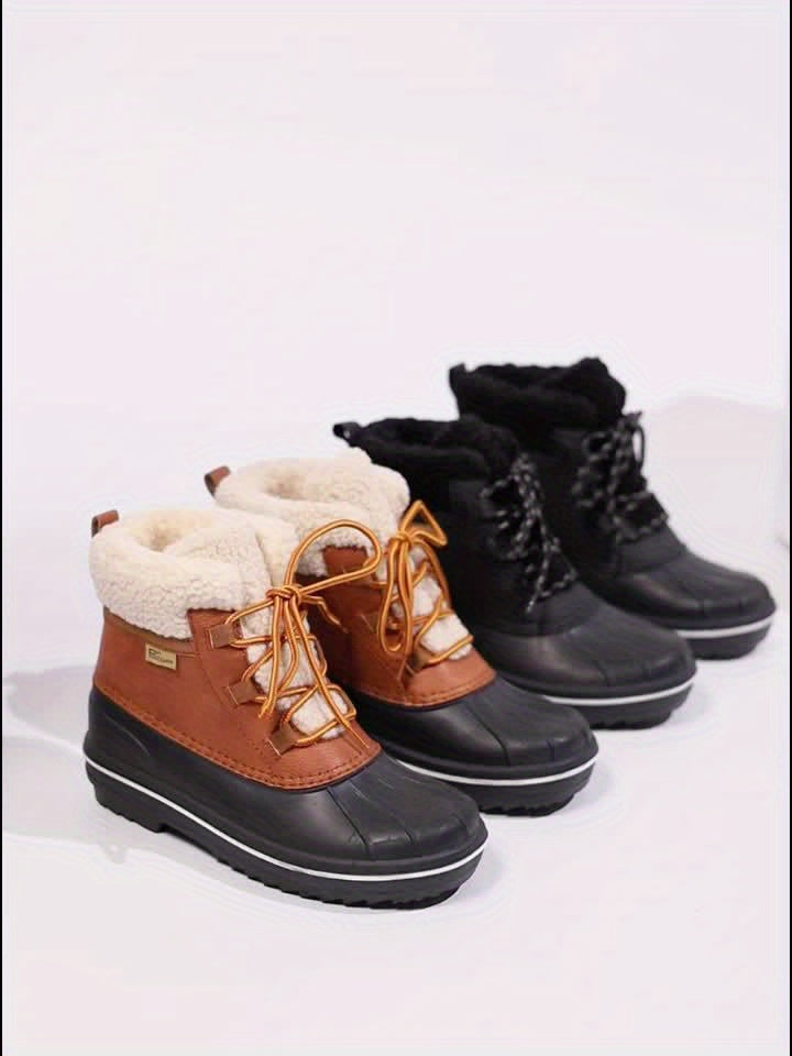 Women'S Winter Warm Snow Boots - PU Cover with Thick TPR Sole, Lace-Up Ankle Support & Plush Faux Lining, Black & Brown Design for Cold Weather Traction & Comfort, Winter Boots, Cold Weather Footwear, Sleek Boot Design, Durab