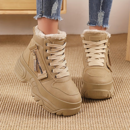Women's Cozy Fleece-Lined High-Top Sneakers - Warm, Thick Sole, Lace-Up Winter Boots in Solid Color