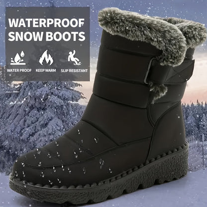 Mid-Calf Height Women's Winter Boots - Waterproof, Insulated, Thick Sole, Faux Fur Lined, Anti-Slip, Comfortable, Warm, Closed-Toe, Magic Tape Closure, Black