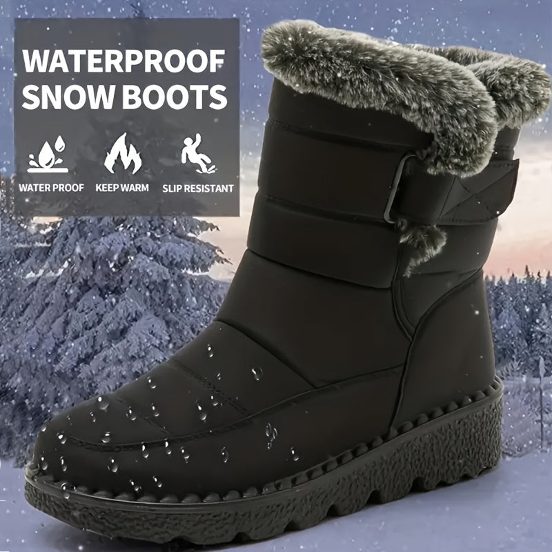 Mid-Calf Height Women's Winter Boots - Waterproof, Insulated, Thick Sole, Faux Fur Lined, Anti-Slip, Comfortable, Warm, Closed-Toe, Magic Tape Closure, Black