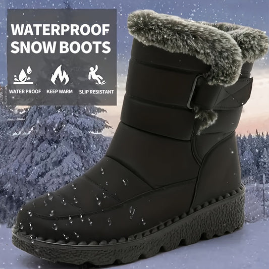 Mid-Calf Height Women's Winter Boots - Waterproof, Insulated, Thick Sole, Faux Fur Lined, Anti-Slip, Comfortable, Warm, Closed-Toe, Magic Tape Closure, Black