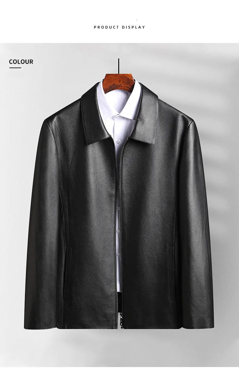 Men's Natural Cowhide Leather Jacket Lapel Middle-aged Dad Coat Spring Autumn Casual Classic Fit Leather Outerwear