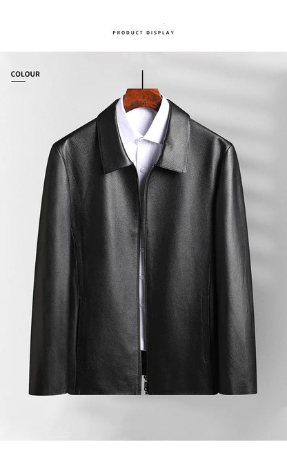Men's Natural Cowhide Leather Jacket Lapel Middle-aged Dad Coat Spring Autumn Casual Classic Fit Leather Outerwear