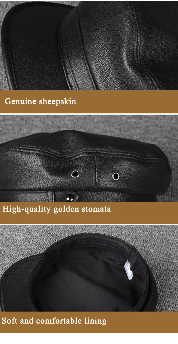 100% Leather hat Men Women Unisex Students Navy Caps Homme Locomotive Duck Tongue Flat Top Gorras Newsboy Korean Fashion Chapeu