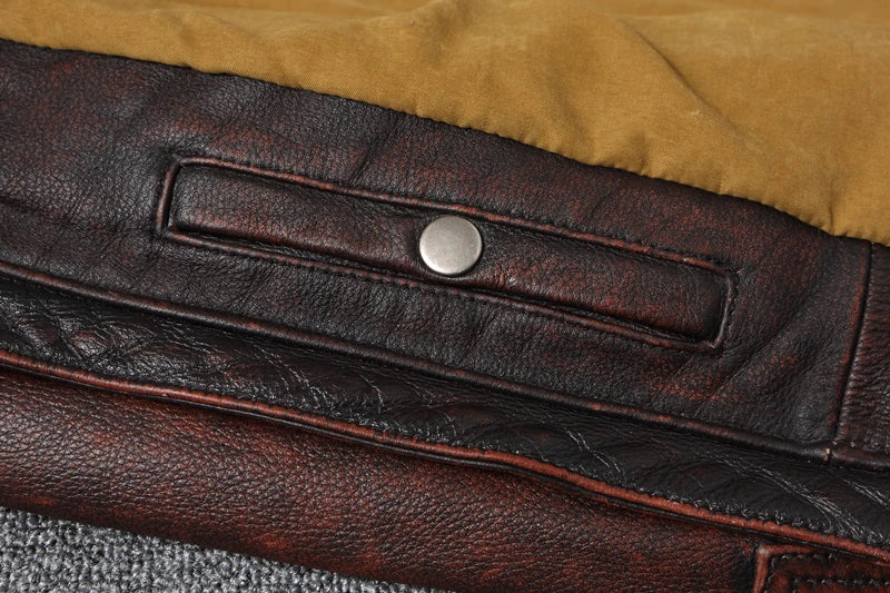 Top layer Cow Oversized Leather Jacket Red-Brown American retro Motorcycle Style Color Distressed High Sense Coat