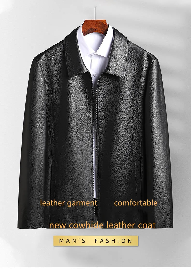 Men's Natural Cowhide Leather Jacket Lapel Middle-aged Dad Coat Spring Autumn Casual Classic Fit Leather Outerwear