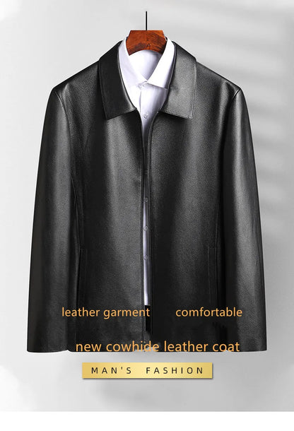 Men's Natural Cowhide Leather Jacket Lapel Middle-aged Dad Coat Spring Autumn Casual Classic Fit Leather Outerwear