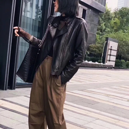 Leather Coat Women Short All-match European Fashion Biker Genuine Sheepskin Black Jackets Zipper Pocket Jaqueta Couro Feminina