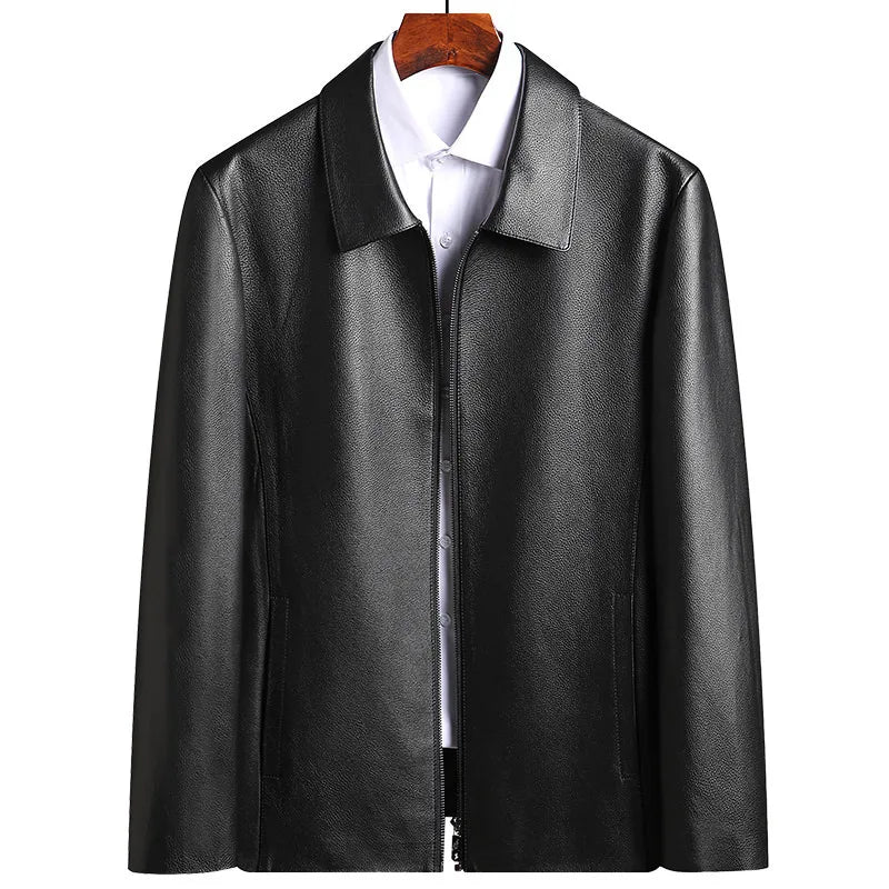 Men's Natural Cowhide Leather Jacket Lapel Middle-aged Dad Coat Spring Autumn Casual Classic Fit Leather Outerwear