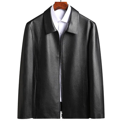 Men's Natural Cowhide Leather Jacket Lapel Middle-aged Dad Coat Spring Autumn Casual Classic Fit Leather Outerwear