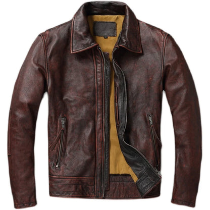 Top layer Cow Oversized Leather Jacket Red-Brown American retro Motorcycle Style Color Distressed High Sense Coat