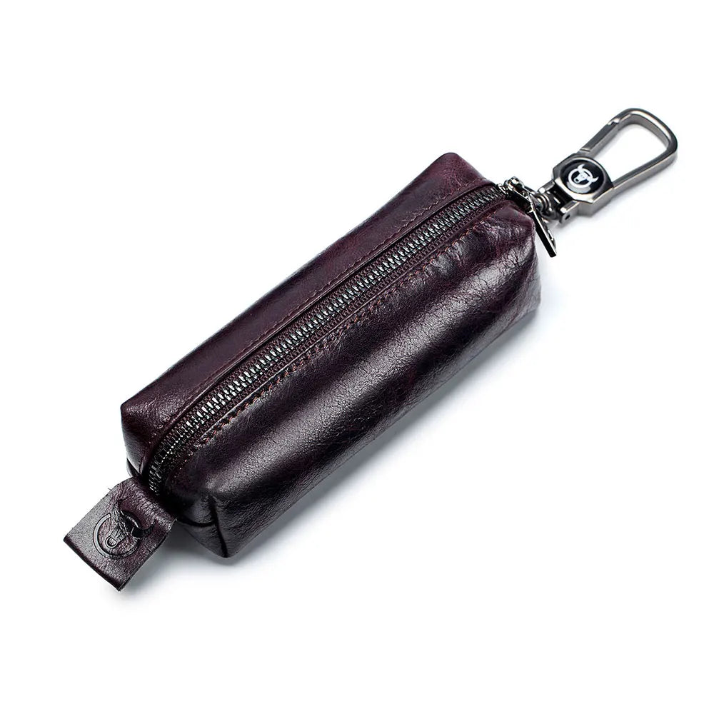 BULLCAPTAIN Genuine Leather Men's Car Keychain Leather Key Case High Quality Men's Butler Key Clip Zipper Two Card Key Case