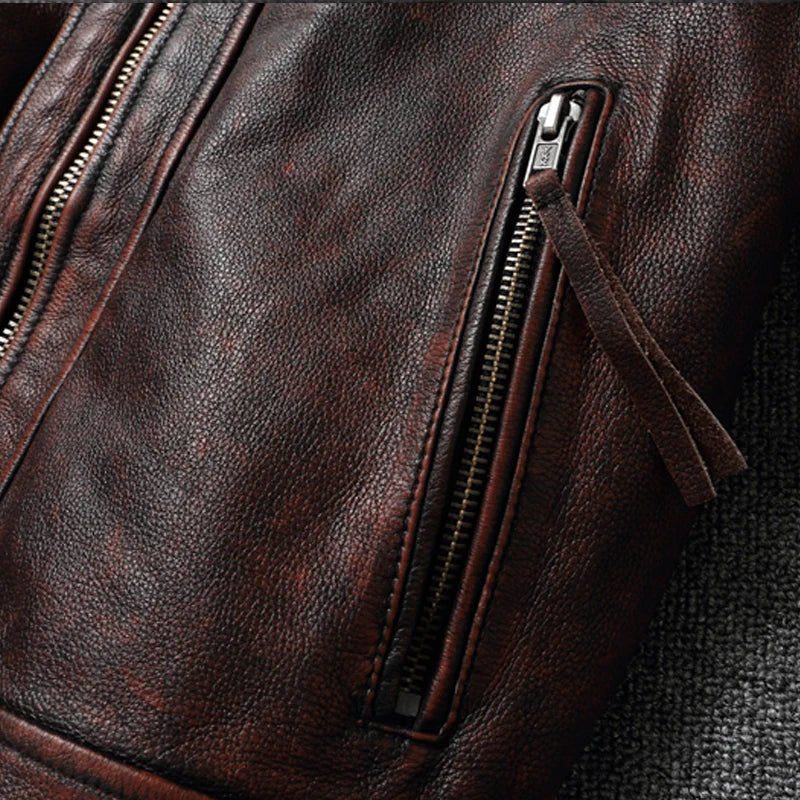 Top layer Cow Oversized Leather Jacket Red-Brown American retro Motorcycle Style Color Distressed High Sense Coat