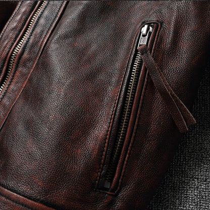 Top layer Cow Oversized Leather Jacket Red-Brown American retro Motorcycle Style Color Distressed High Sense Coat