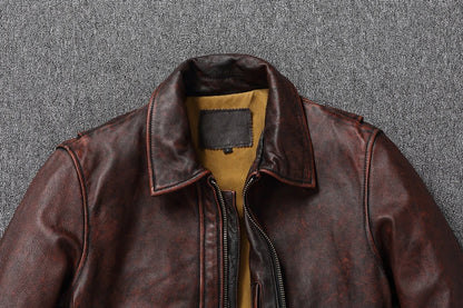 Top layer Cow Oversized Leather Jacket Red-Brown American retro Motorcycle Style Color Distressed High Sense Coat