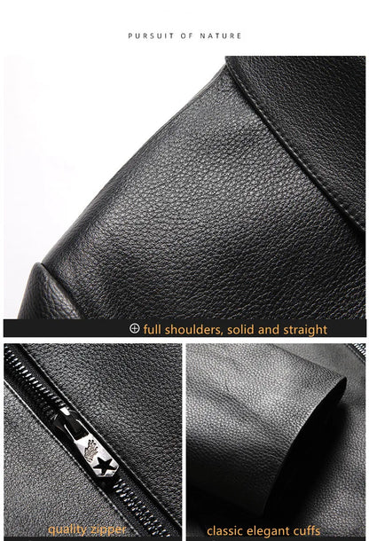 Men's Natural Cowhide Leather Jacket Lapel Middle-aged Dad Coat Spring Autumn Casual Classic Fit Leather Outerwear