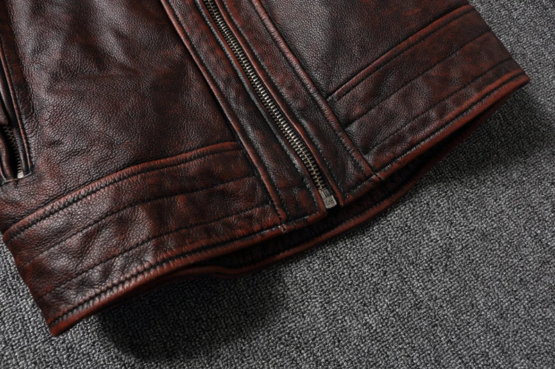 Top layer Cow Oversized Leather Jacket Red-Brown American retro Motorcycle Style Color Distressed High Sense Coat