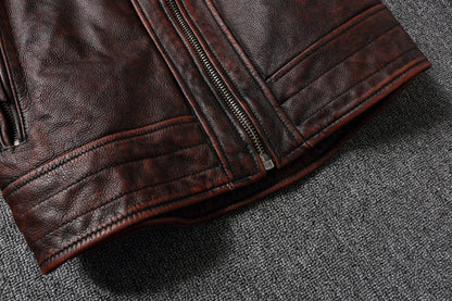 Top layer Cow Oversized Leather Jacket Red-Brown American retro Motorcycle Style Color Distressed High Sense Coat