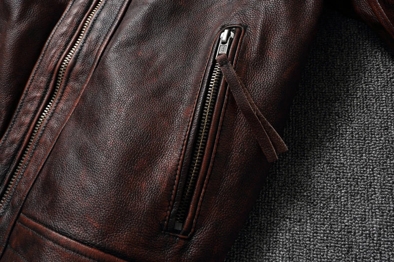 Top layer Cow Oversized Leather Jacket Red-Brown American retro Motorcycle Style Color Distressed High Sense Coat