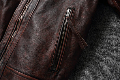 Top layer Cow Oversized Leather Jacket Red-Brown American retro Motorcycle Style Color Distressed High Sense Coat