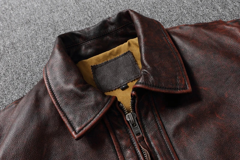Top layer Cow Oversized Leather Jacket Red-Brown American retro Motorcycle Style Color Distressed High Sense Coat