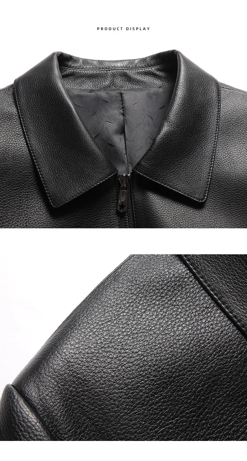 Men's Natural Cowhide Leather Jacket Lapel Middle-aged Dad Coat Spring Autumn Casual Classic Fit Leather Outerwear
