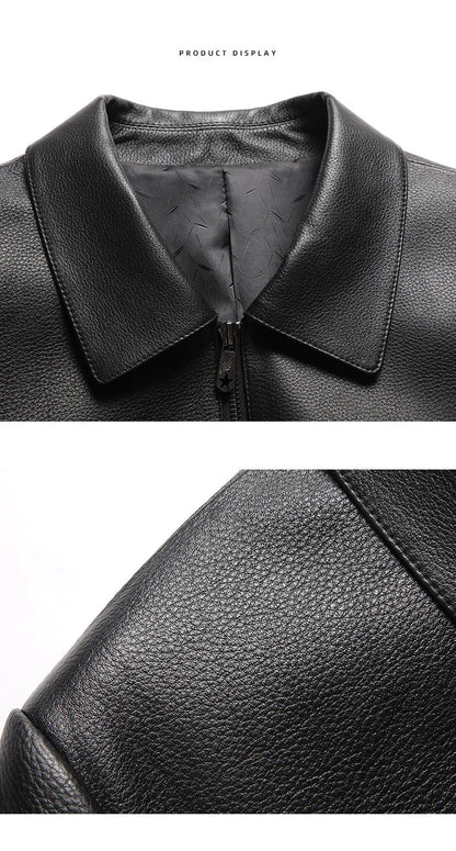 Men's Natural Cowhide Leather Jacket Lapel Middle-aged Dad Coat Spring Autumn Casual Classic Fit Leather Outerwear